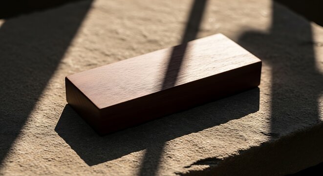 Brown wooden block on textured surface with shadows
