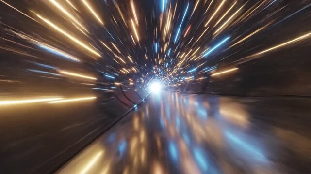 Dynamic futuristic tunnel with glowing light trails symbolizing data flow and high-speed connection through digital space