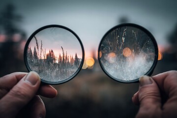 Exploring the world through a magnifying glass at sunset .
