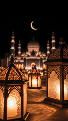 Sacred Illumination Majestic Architectural Beauty Shines Brightly, Harmonized by the Gentle Glow of Decorative Lamps Under a Moonlit Sky