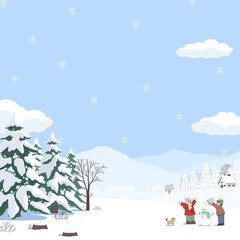Winter Story Children Building a Snowman in a Snowy Landscape