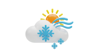 3D Weather Icon: Sun, Snowflakes, Wind and Cloud on transparent background