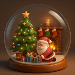 Happy Santa Claus with gifts and a decorated Christmas tree in a snowy winter December celebration