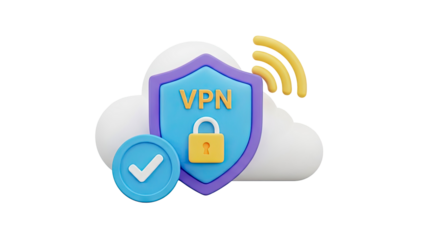 3D VPN shield with lock and wifi signal icon on transparent background