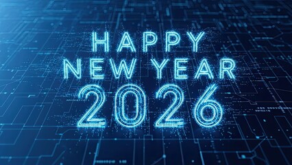 Happy new year 2026 neon text on dark blue circuit board background with glowing lines and grid pattern