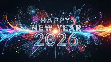 Vibrant colorful fireworks exploding behind happy new year 2026 text on dark background, celebration and festivity concept with sparkling lights and trails