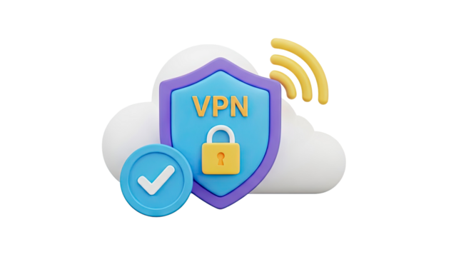 3D VPN shield with lock and wifi signal icon on transparent background - Powered by Adobe