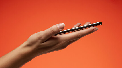 Naklejka premium Hand holding sleek smartphone on vibrant orange background