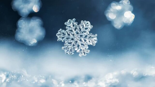 Close-up view of a snowflake against a blurred blue background, showcasing intricate details and patterns