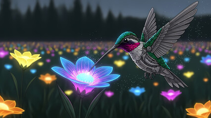 Iridescent hummingbird sips from a radiant blue glowing flower, surrounded by a magical field of luminous blooms under the night sky, an enchanting ethereal nature scene