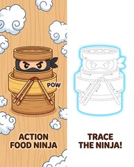 This playful illustration features a ninja character with food elements, blending action and fun