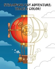 Explore a vibrant steampunk-themed coloring adventure featuring a whimsical hot air balloon against a backdrop of colorful clouds, inspiring creativity and imagination.