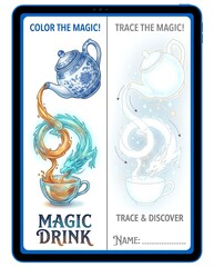 A beautifully illustrated activity featuring a magical drink with whimsical elements. Perfect for creative expression and exploration through coloring and tracing activities.