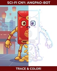 Explore a vibrant blend of tradition and technology with the Angpao-Bot, a colorful depiction of a robotic element celebrating Lunar New Year festivities.