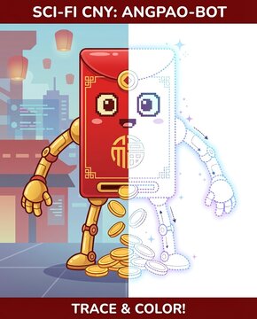 Explore a vibrant blend of tradition and technology with the Angpao-Bot, a colorful depiction of a robotic element celebrating Lunar New Year festivities.