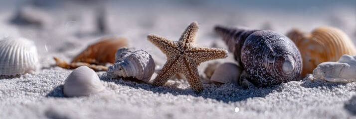 Starfish And Seashells On White Sand Beach — Natural Coastal Scene With Shells, Pebbles, And Ocean Breeze For Travel, Nature, And Summer Stock Photography
