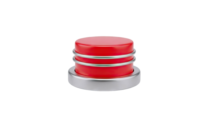 3D Red button with silver trim and rings on transparent background
