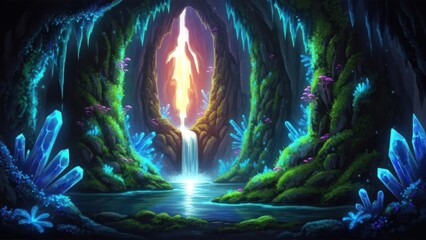 Magical fantasy cave with glowing blue crystals, a mystical waterfall, and ethereal light creating an enchanted underground grotto.