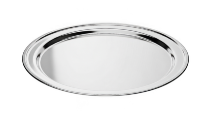 A shiny silver platter with a decorative edge isolated on transparent background