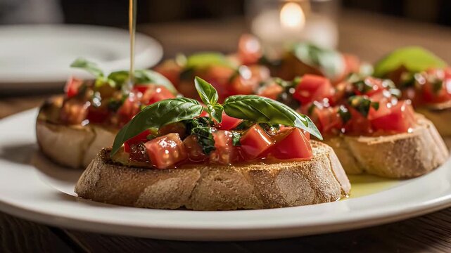 A plate of colorful bruschetta with fresh tomatoes and basil