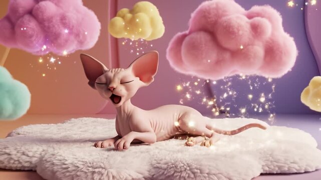 Sphynx cat hairless kitten sleeping plush blanket pastel cloud dreamy hairless cat resting plush blanket pastel cloud with sparkling magic glow serene expression soft dreamy atmosphere hairless