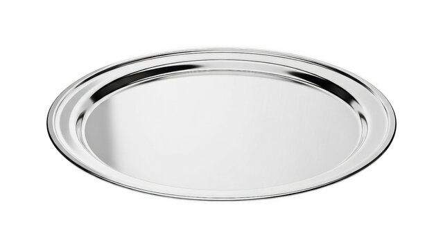 A shiny silver platter with a decorative edge isolated on transparent background
