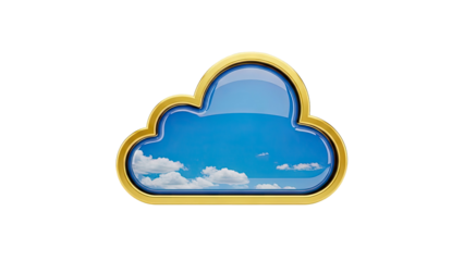 3D Golden cloud symbol with blue sky and clouds inside on transparent background
