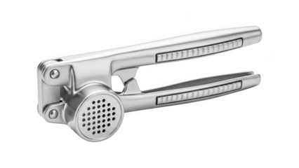 Garlic press with long handles and perforated crushing plate isolated on transparent background