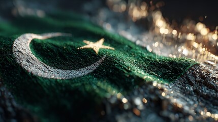 A waving green flag featuring a white crescent and star, symbolizing a nation