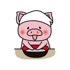 そば打ちをするぶた