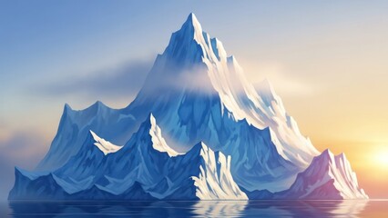 Majestic snow-capped mountain peak or iceberg rising from calm water against a glowing sunset sky. Nature's power, achievement concept.