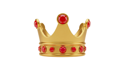3D Golden crown with red gems isolated on transparent background
