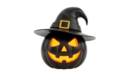 3D Scary Black Jack-o-Lantern with Witch Hat on transparent background