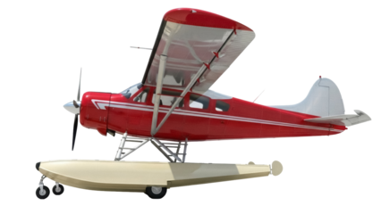 Red and silver seaplane PNG isolated on transparent background, vintage aircraft with floats for water landing and aviation enthusiasts