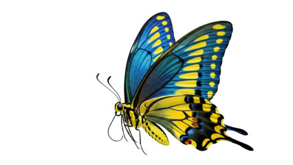 Vibrant blue and yellow butterfly PNG isolated on transparent background, detailed tropical insect with colorful wings for design projects