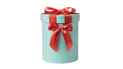 Light blue gift box with red ribbon isolated PNG, present for special occasion on transparent background