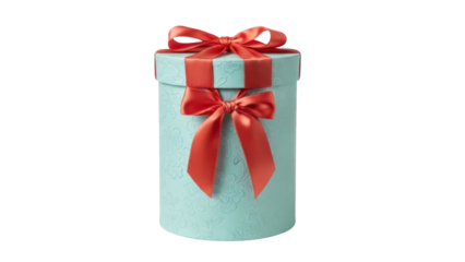 Light blue gift box with red ribbon isolated PNG, present for special occasion on transparent background