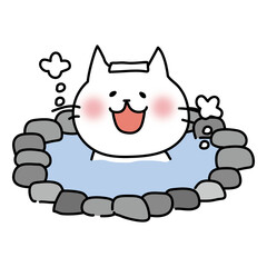 温泉に入る白い猫