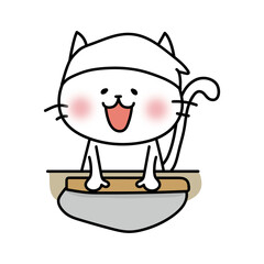 そば打ちをする白い猫