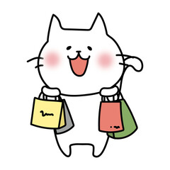 たくさんの買い物をしている白い猫