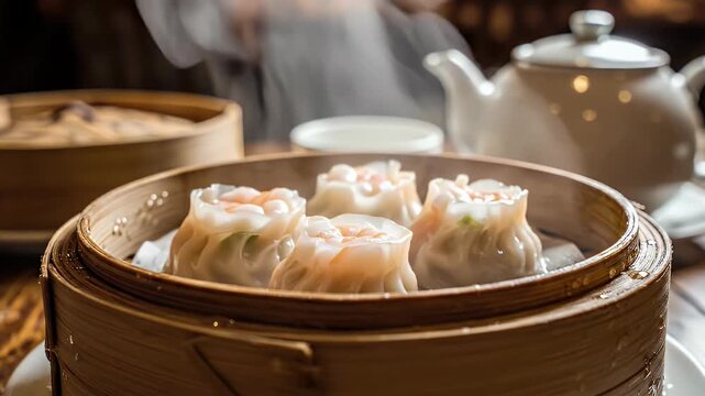 A plate of hot steaming dumplings served in bamboo