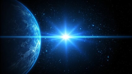 A bright blue star shines brightly next to a large blue planet in the vast expanse of space