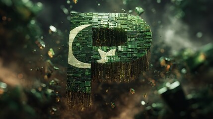 A waving green flag featuring a white crescent and star, symbolizing a nation