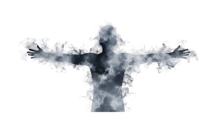 3D Silhouette of a person made of smoke with arms outstretched on transparent background