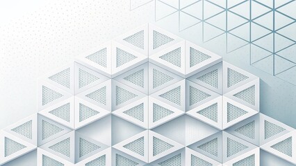 Modern abstract geometric background design featuring interconnected 3d white triangles with perforated texture.