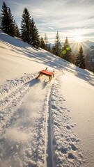 Red sled on snowy landscape with sun setting in winter background  