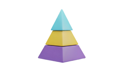 3D Stacked pyramids in blue yellow and purple on transparent background