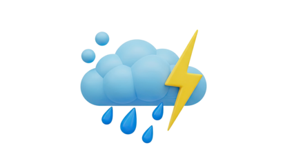 3D Storm Cloud with Lightning and Raindrops on transparent background
