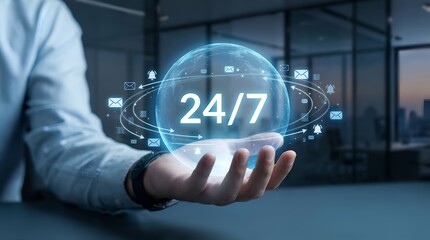 Businessman holding a glowing 247 service icon in his hand symbolizing constant availability and support.