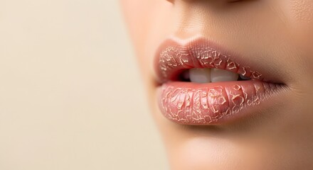 A detailed close-up shot of human rough, dry lips with visibly chapped and peeling skin, illustrating a common winter hydration or skincare concern concept.